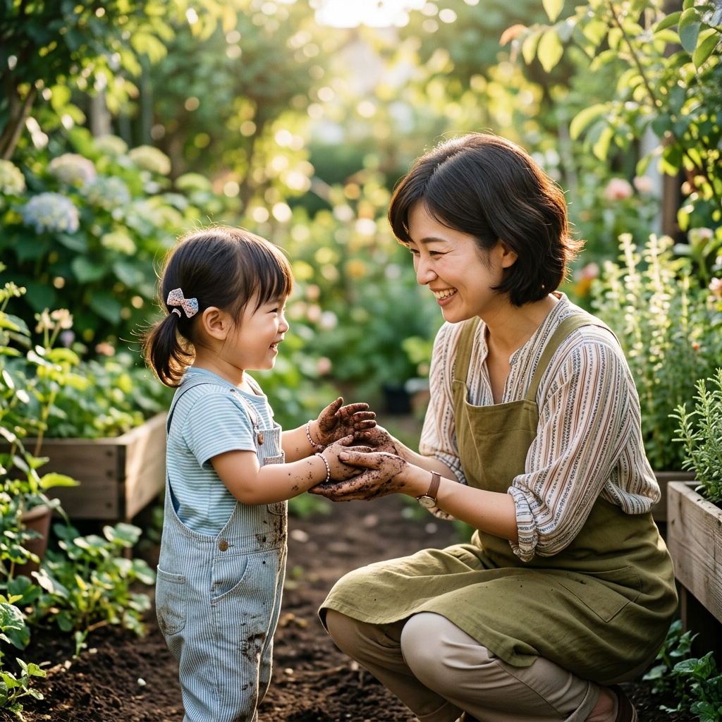 土遊びをする子どもと先生